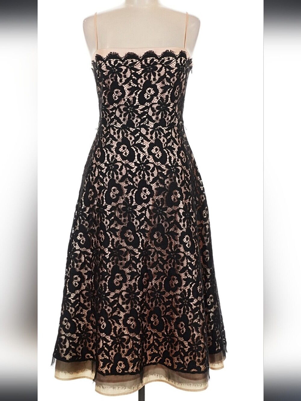 Elegant Black Lace Strapless Dress with Nude Lining